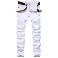 【100%-original】 Men White Skinny Jeans Plus Size 28-42 New European American Fit Fold Trend Motorcyc