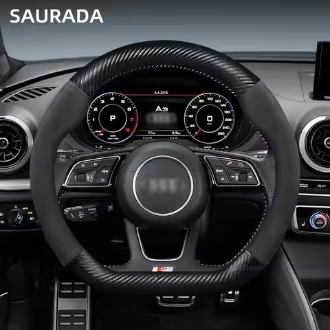 38cm Carbon Fiber PU Leather Car Steering Wheel Cover For Audi A3 8P 8L 8V S3 RS3 Q3 S Line 2014-202