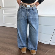 Plus Size Women Leopard Print Dual Waistband Loose Blue Jeans Summer Vacation Woman 90s Spring For W