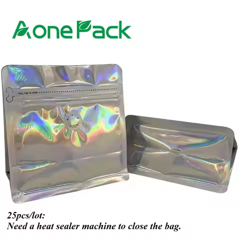 25pcs Custom Printed Holographic Zipper Mylar Flat Bottom Coffee Bean Bags with Valve and Zipper for