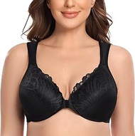 Women's Front Lace Closure with Underwire, Large Sizes, Unpadded Underwired Bra, black, 44F