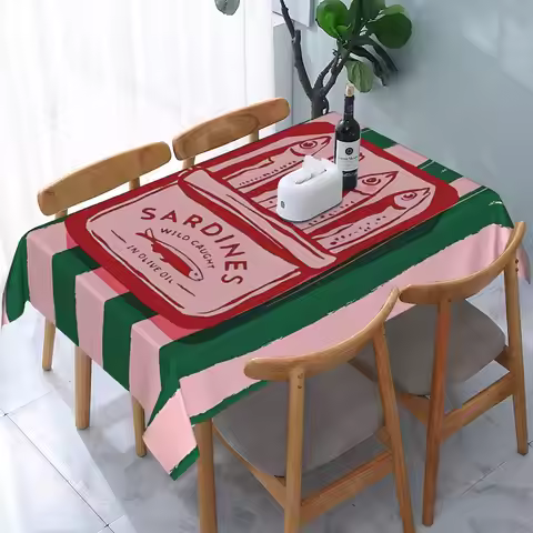 Sardines Maximalist Polyester Tablecloth | Multi-Color Sardine Can Design | Rustic Farmhouse Style |