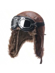 1 件裝男女通用駝色皮革飛行員帽帶護目鏡、防風護耳、非常適合摩托車和戶外活動