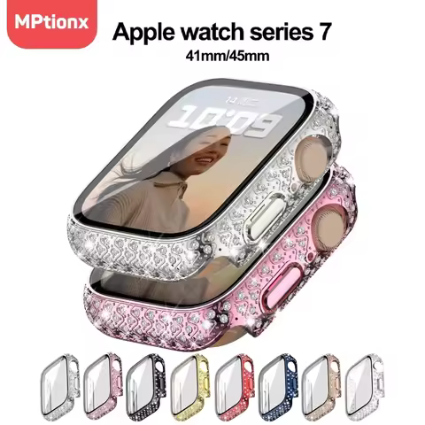 Diamond Watch Case Tempered Glass for Apple Watch Series 7 8 9 45mm 41mm Bling Screen Protector Bump