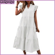 Women Summer Dress V Neck Pure Color A-line Patchwork Big Hem Flying Sleeves Ruffle Pleated Dating P