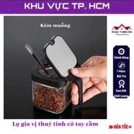 Combo of 3 [New model] Square glass spice jar with handle, self-opening lid, comes with a convenient