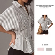 Malaysia Stock: Pleated Stripe Casual Blouse for Women - Short Sleeve - mlily.my