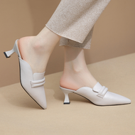 รองเท้าแตะฤดูร้อนของผู้หญิงสวมใส่ใหม่ฝรั่งเศสชี้นิ้วเท้าครึ่งรองเท้า Mueller รองเท้าหนังนิ่มรองเท้าแ