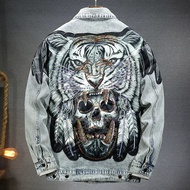 Mens Cyberpunk Denim Jacket Vintage Tiger Skull Bone Destroy Heavy Metal Streetwear Jeans Jacket Men