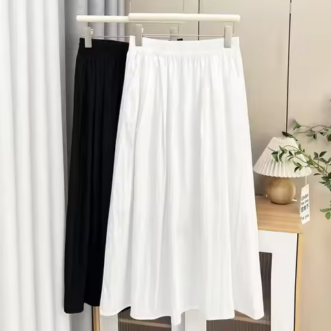 100KG Summer Long Skirt New Style Solid Color White Plus Size Women Fold A-Line Skirt 2509