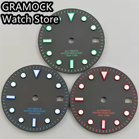 GRAMOCK 29mm Watch Dial Black Dial Red Blue Green Index Green Luminous Fit NH35 Movement Fit 3.0 Clo