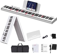 KONIX Folding Piano Keyboard 88 Key with Light Up Keys Full-Size Semi-Weighted Portable Piano, Bluetooth Electric Sustain Pedal, Stickers,Music Stand and Bag White (PJ88CD-W)