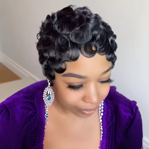 Human Hair Pixie Cut Wig Short Layered Curly with Bangs Natural Black Dark 99J Color Brown Color Mac