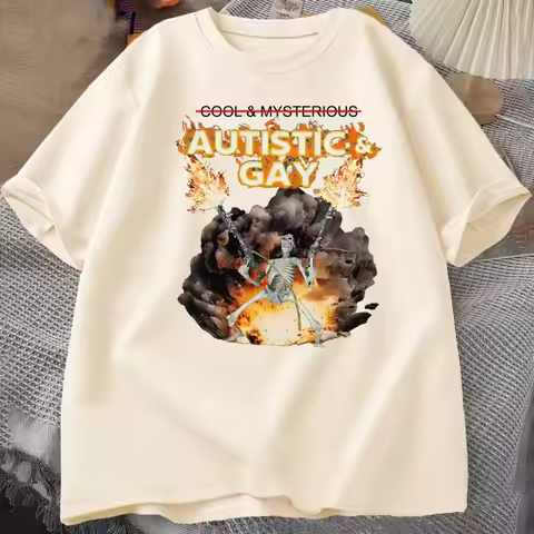 Streetwear Autistic and Gay Skeleton Explosion T Shirt Unhinged Skeleton Autism Meme T-Shirt Cotton 