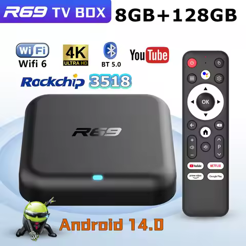 2025 Smart TV Box R69-1 Android 14 Ram 8GB Rom 128GB Streaming Media Player Bluetooth 5.4 5G Wifi Go