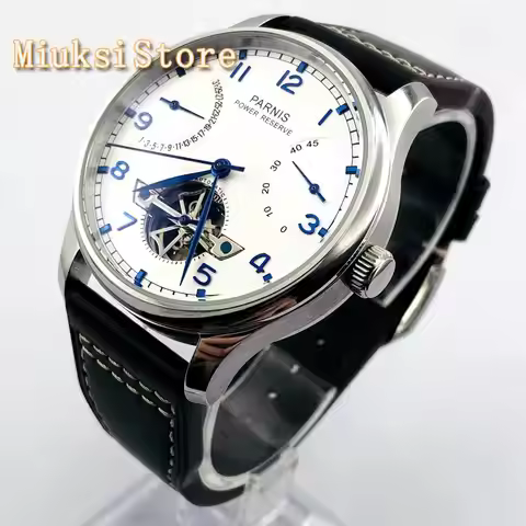 Parnis 43mm silver case date sea gull power reserve movement leather strap men's top casual automati