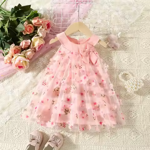 Summer Girl Princess'S Mesh 3d Flower Baby Girl Dress First Birthday Outfit Princess Bow Sleeveless 