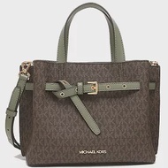 MICHAEL KORS 滿版LOGO皮革斜背/手提包 咖啡/軍綠