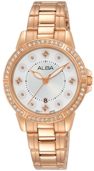 นาฬิกาข้อมือผู้หญิง ALBA รุ่น AH7R26X สีโรสโกลด์ AH7R28X สีทอง ขนาดตัวเรือน 30 มม. ตัวเรือน สาย สแตนเลสสตีล  ขอบประดับด้วยคริสตัล