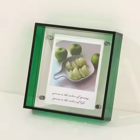 Green square acrylic photo frame, inner frame 16x16x4cm, color acrylic photo frame stand, blue trans