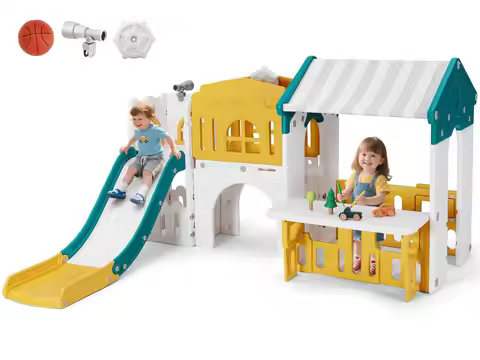 9 in 1 Toddler Slide, Freestanding Kid Climber Slide Playset, Toddler Playhouse with Slide, Basketba