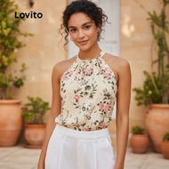 Lovito Women's Boho Style Resort Drawstring Tie Back Summer Top L137ED657