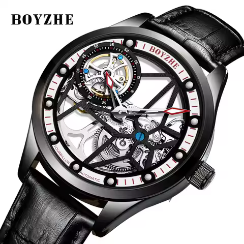 BOYZHE Fashion Transparent Hollow Mechanical Watch for Men Fully Hollow High Quality Luxury Brand Au