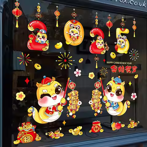 Snake Door Sticker Chinese New Year Decoration Glass Door Stickers Cartoon Colored Snake Year Door W