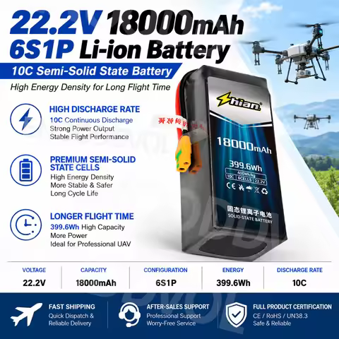18000mAh 6S 22.2V Battery 399.6Wh 10C Semi-Solid-State Li-ion UAV Drone Battery High Energy Density 