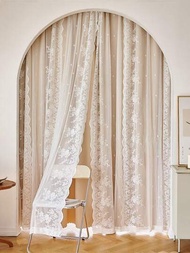 1件米色有阻光功能的窗簾,帶有法式花朵設計的雙層紗窗簾,保溫隔熱,適用於女孩公主房、臥室、客廳,寬度：70cm/132cm,高度：120cm/150cm/183cm/213cm