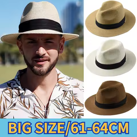 Men Big Size 61-64cm Panama Sun Hats Women Beach Wide Brim Straw Hat Lady Summer Sun Hats Plus Size 