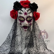 Black Veil Flower Headband Halloween Edition Black Bride lace Veil tiara Flower Black Veil lace Hall
