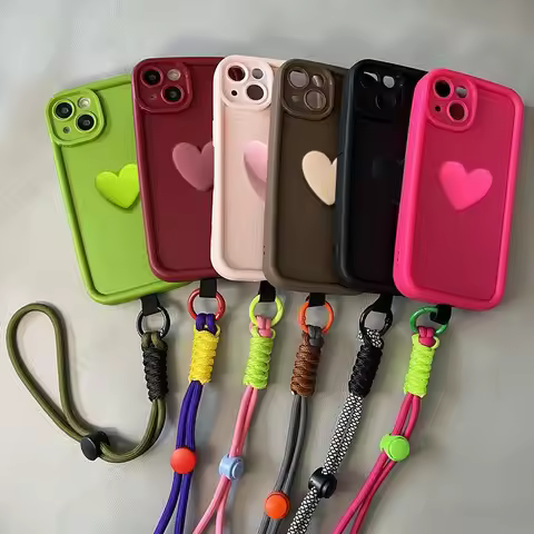 A56 A36 A26 5G With Lanyard Cute 3D Love Heart Matte Case For Samsung Galaxy Note 20 S25 S24 FE S23 