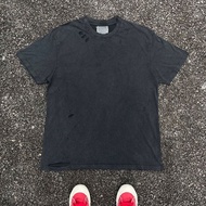 Wang Studio 10 Tuổi Store 180G Vintage Rách Màu Trơn Áo Thun Nữ Tay Ngắn Cặp Đôi Phù Hợp Cotton Vải