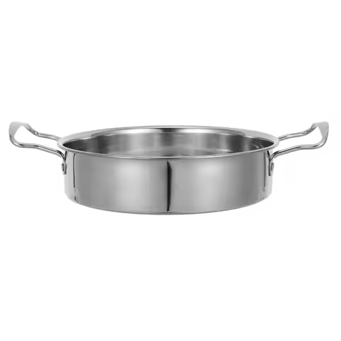 Stainless Steel Paella Pan Double Handle Frying Pot 8.3 Inch Flat Bottom Deep Fryer Pot for Seafood