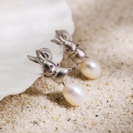 白色米型淡水珍珠耳環耳釘 6-7mm S925銀紅眼睛兔子耳釘 S399