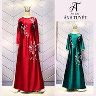 Grandma's ao dai, high-quality round neck long-sleeved silk ao dai, size S - 4XL