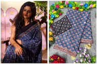 [PRE ORDER : 10 DAYS] Premium Soft Chinon Silk Ajrakh Printed Saree with Real Mirror Handwork & Tass