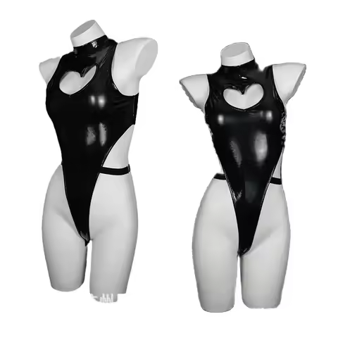 Anime Girls Cosplay Sleeveless Faux PU Leather Catsuit Swimsuit Bodysuit Tights Sweet Heart Hollow O