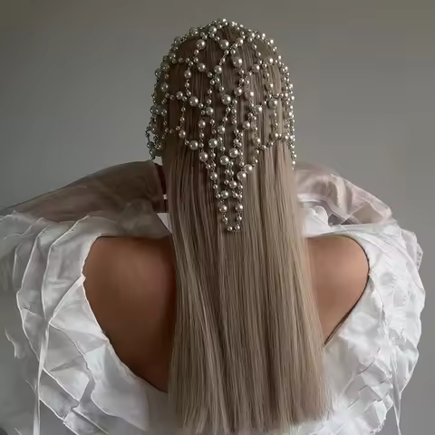 Bohemian Fairy Crystal Pearl Hair Chain Net Mesh Pearl Bridal Headpiece Women Metal Retro Hollowed O