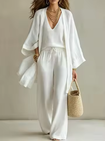 Women's 3 Piece Outfit Nine-quarter Sleeve Cardigan Deep V Sleeveless Tank Top & Wide Leg Pants Casu
