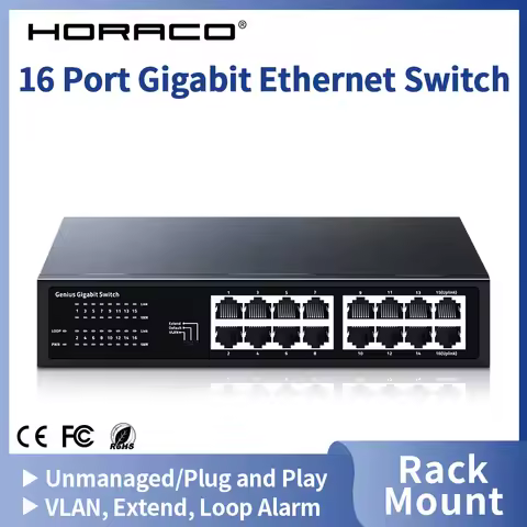 HORACO 16 Port Gigabit Ethernet Switch 1000Mbps Network Fast Smart Switcher Hub Internet Splitter wi