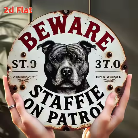 2D Flat "Beware: Staffie on Patrol" - Durable Aluminum Wall Art Sign with Aggressive Dog Illustratio
