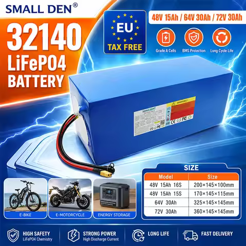 32140 LiFePo4 Battery 48V 15Ah 64V 30Ah 72V 30A, with BMS 3600W Scooter Motorcycle RV Rechargeable B