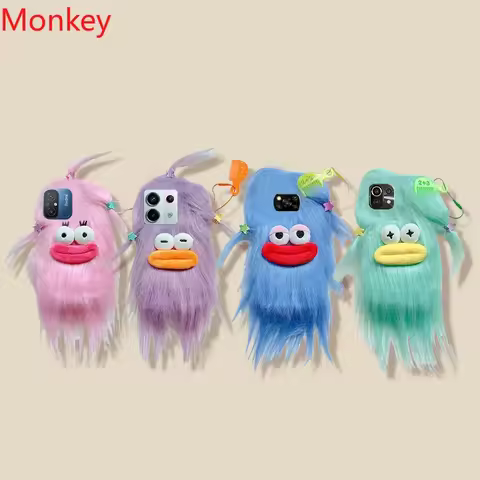 3D Korean Funny Fluffy Plush Monster Case For Xiaomi Poco X6 X5 X4 X3 Pro M6 M5 M4 M3 F3 Redmi 14C N