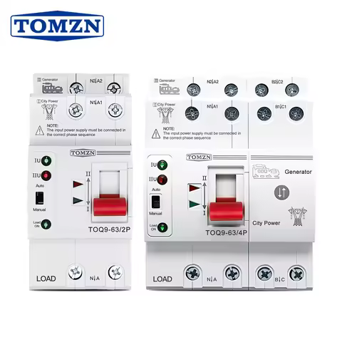 TOMZN TOQ9 Slim Auto Transfer Switch (ATS) – 2P/4P, 63A, 230V AC, DIN Rail Mount, Uninterrupted Powe