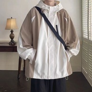 Musim Semi dan Musim Gugur jaket berseru zip jaket berkerudung lelaki longgar saiz besar warna kontr