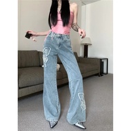 ผีเสื้อปัก Flared กางเกงยีนส์ตรง Low Rise กางเกงยีนส์ Vintage Harajuku Baggy กางเกงยีนส์ Streetwear