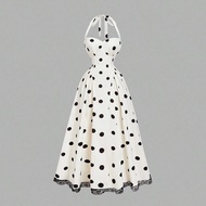 Women's Elegant Vintage Polka Dot Lace Trim Open Back Halter Neck Dress,Back To School,Country Conce
