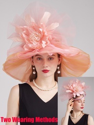 ผู้หญิง Organza หมวกสีแดงงานแต่งงาน Fascinators สง่างามปีกกว้าง Fedora Kentucky Derby หมวกปาร์ตี้อย่